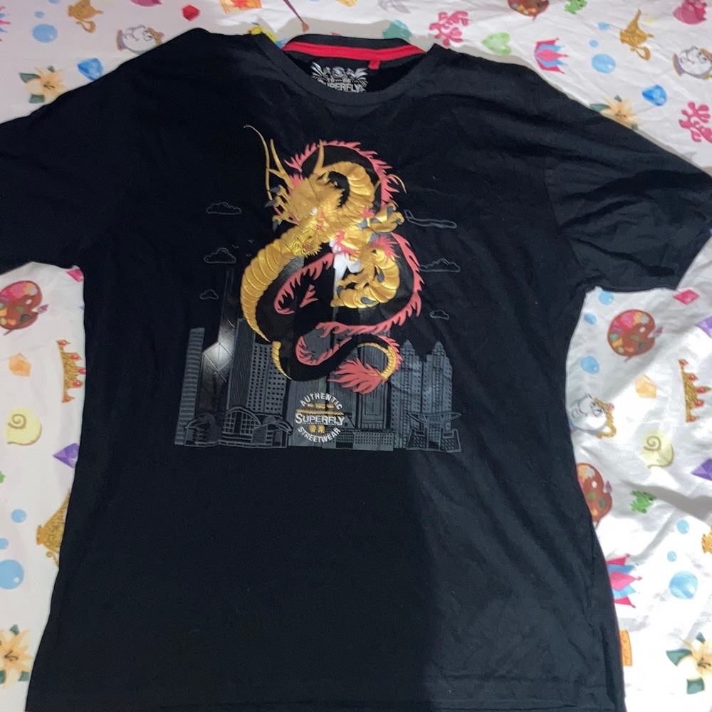 Vintage Superfly Men's Black Tee with Gold and Red Dragon Design
